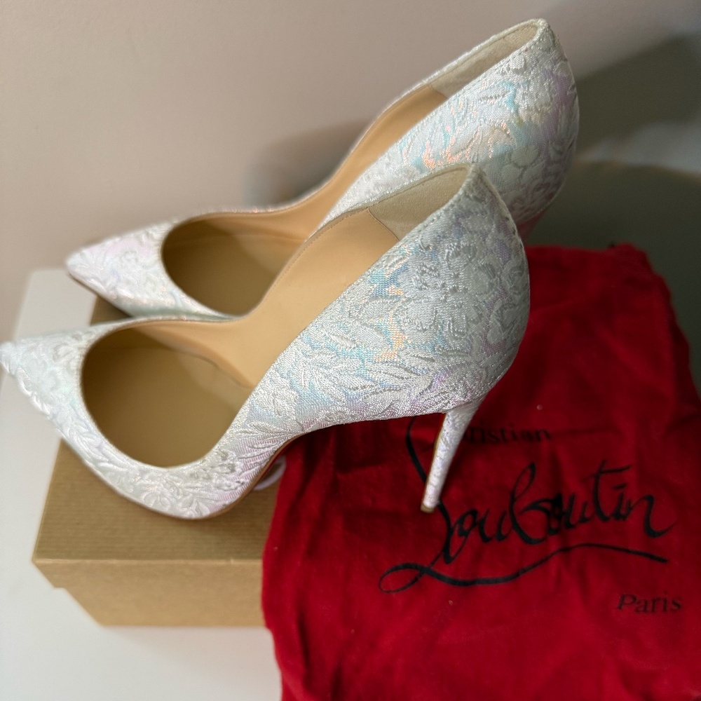 Christian Louboutin White Brocade Pointed-Toe Heels